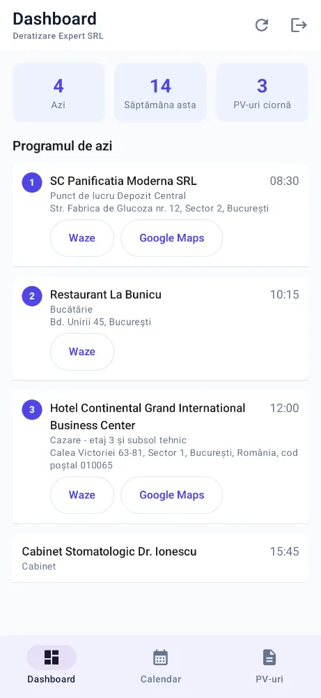Aplicația Android a agentului: programul zilei, în ordinea rutei, cu navigare Waze și Google Maps
