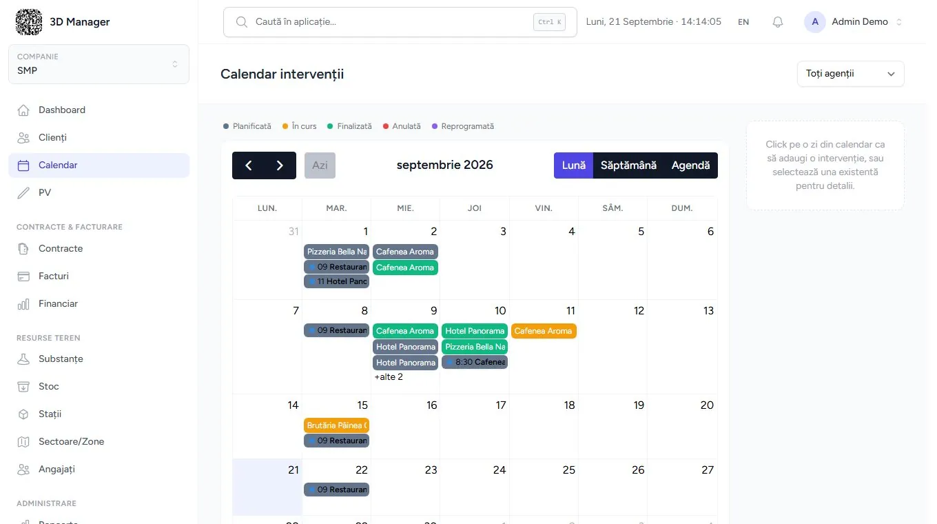 Calendarul de intervenții din 3D Manager, cu intervențiile lunii pe stări