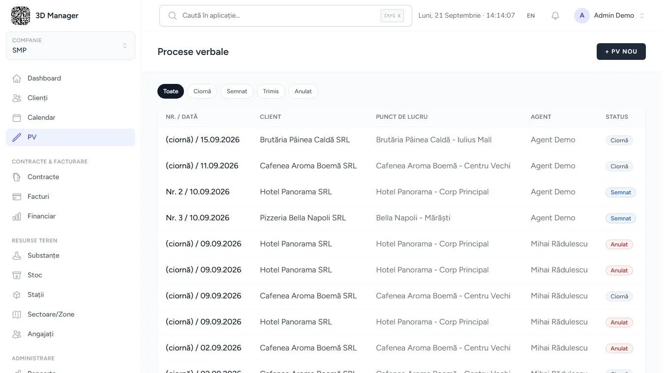 Lista proceselor verbale, cu starea fiecăruia