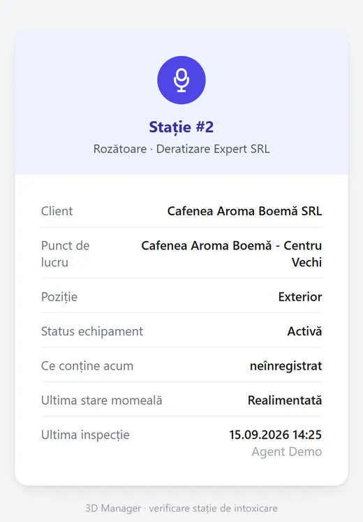 Pagina care se deschide la scanarea codului QR al unei stații: client, punct de lucru, poziție, stare, ultima inspecție